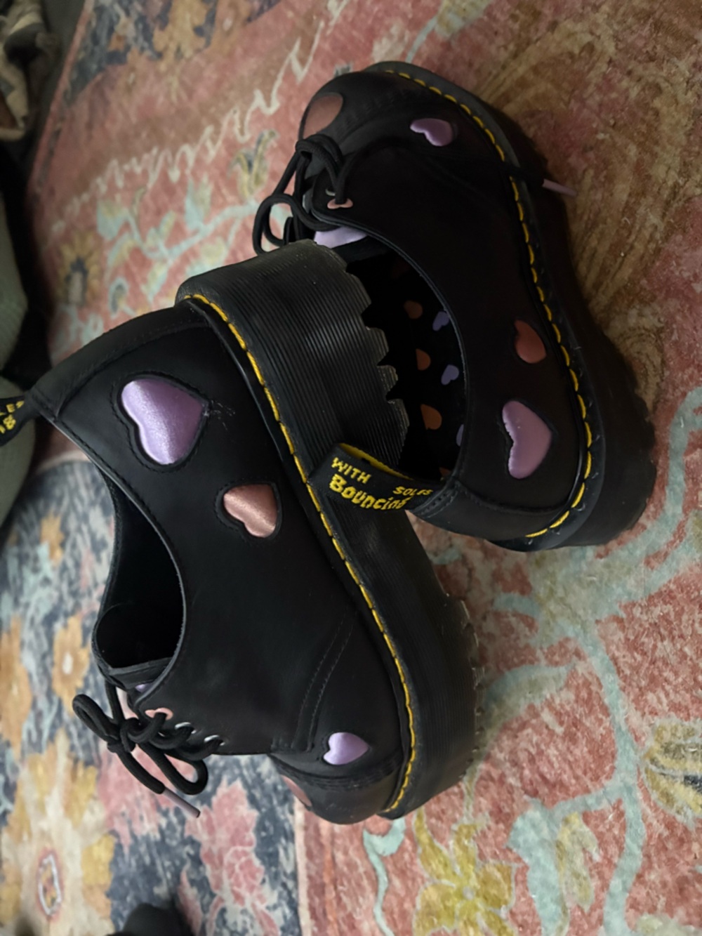 Black Heart Accent Platform Shoes with Pink & Purple Hearts. Dr.Martens size 9.